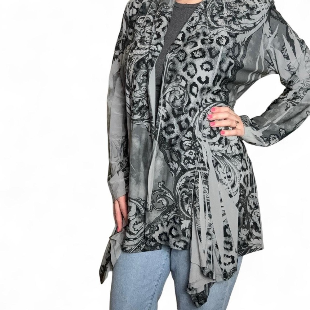 Grey & Black Soft Leopard Print Open Front Cardigan Womens Size XL